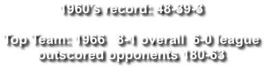 1960’s record: 48-39-3  Top Team: 1966   8-1 overall  6-0 league outscored opponents 180-63